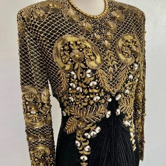 Naeem Khan Riazee Nights 80s X Open Back Slit Leg Pure Silk Long Sleeve Gown VTG - Picture 2 of 16